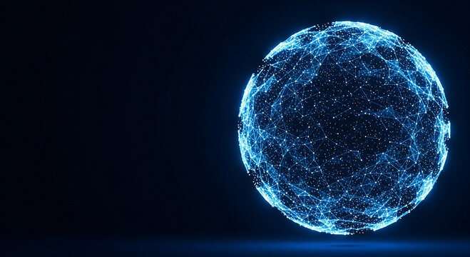 Abstract glowing blue digital sphere with intricate network patterns on dark background - Powered by Adobe