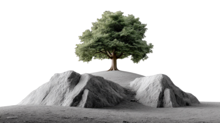 Resilient Tree on Stone: A vibrant tree stands tall atop a gray stone, the epitome of nature's perseverance against the test of time. This conceptual visual speaks of strength, hope.