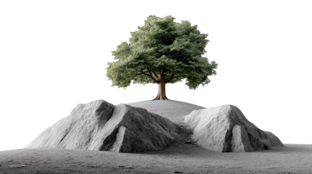 Resilient Tree on Stone: A vibrant tree stands tall atop a gray stone, the epitome of nature's perseverance against the test of time. This conceptual visual speaks of strength, hope.
