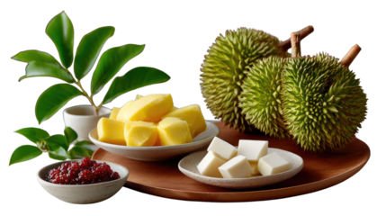 Exotic Durian Delight: A tempting still life presents the king of fruits, the durian, along with other complementary treats, inviting the viewer to explore its unique flavor and texture.