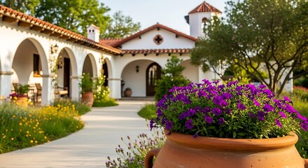 Beautiful spanishstyle villa with lush garden and purple flowers
