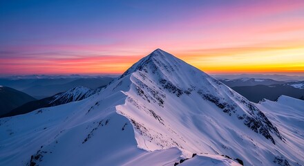 Naklejka premium Majestic snowcapped mountain peak at sunrise with vibrant sky colors