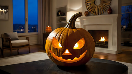 Obraz premium Lighted Carved Pumpkin in Modern Living Room, halloween pumpkin on a wooden table, halloween pumpkin on a fireplace, halloween pumpkin