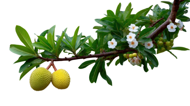Branch of Greenery in Focus: A detailed view of a flourishing tree branch, adorned with vibrant green leaves, delicate white flowers, and two ripe, yellow fruit, celebrating the beauty of plant life.