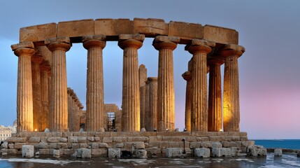 Obraz premium Ancient greek temple ruins at sunset sicily architectural photography coastal environment captivating viewpoint historical concept
