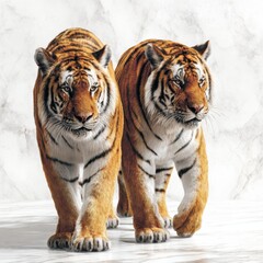 Obraz premium close up two bengal tigers standing on ivory marble floor isolated on white background in ultra detailed photorealistic style