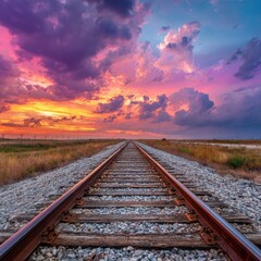Obraz premium straight railway track stretching toward a vibrant sunset sky with colorful clouds symbolizing travel adventure freedom and the beauty of open landscapes 