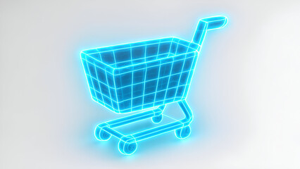 Abstract 3D Wireframe Shopping Cart with Glowing Lines on White Background
