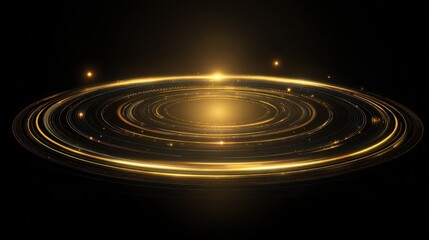 Fototapeta premium Golden Vortex: A mesmerizing display of golden light circles, exuding energy, radiating from a central point against a stark black backdrop, with elements of the cosmos.
