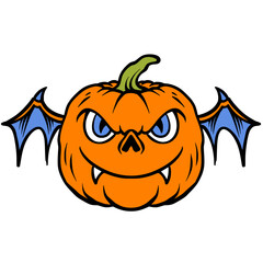 Pumpkin with wings cartoon character hand drawing style