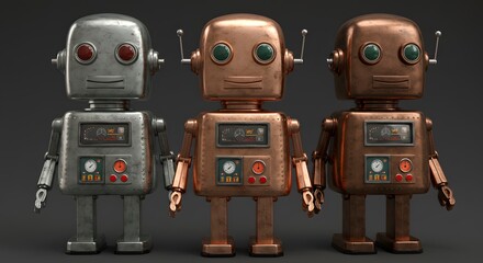 Three Vintage Style Robots Standing Together