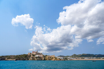 Stunning Coastal View of a Historic Castle Under Blue Sky. Eivissa, Ibiza, Spain.