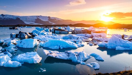 Icebergs float on a tranquil lake at sunset, showcasing vibrant colors and a majestic mountain backdrop.