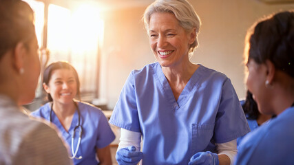 Obraz premium Group of healthcare workers in blue scrubs smiling and collaborating in a hospital setting, teamwork and support in medical care.
