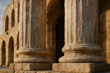Fototapeta premium Close-up view of ancient marble columns at the Odeon of Herodes Atticus in Athens, Greece, showcasing details of classical Greek architecture