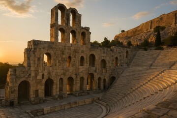 Naklejka premium Golden sunrise light over the Odeon of Herodes Atticus amphitheater at the Acropolis in Athens, Greece, highlighting the ancient stone ruins