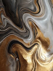 abstract image of swirling metallic liquid showcasing a blend of dark and light grey tones with hints of gold creating a luxurious and dynamic visual