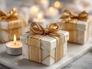 Three marble-finish gift boxes with gold ribbon bows and tealight candles creating warm Christmas atmosphere with shallow depth of field