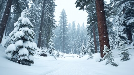 Naklejka premium Snowy winter landscape scene majestic forest nature photography serene environment wide-angle view tranquility and beauty