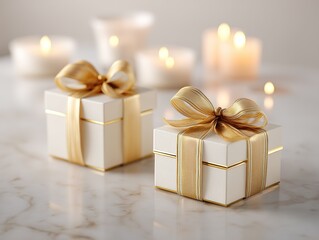 Two elegant white Christmas gift boxes with gold ribbon bows and warm candlelight glow on marble surface creating festive holiday atmosphere