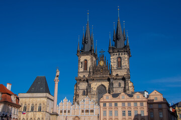The view from the Old Town Square of the Tyn Church in Prague