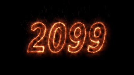 Burning effect glowing 2099 text animation on black background. abstract animated new year 2099 number with fire particles and glow effect. new years eve greeting card Happy New Year 2099.
