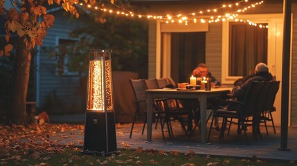 Modern outdoor heater on a cozy patio warming guests seated around a wooden table with autumn leaves scattered and warm lights strung above creating a welcoming evening atmosphere