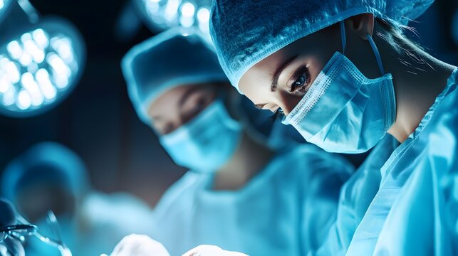 Focused surgeons performing operation under bright surgical lights, perfect for medical websites, healthcare presentations