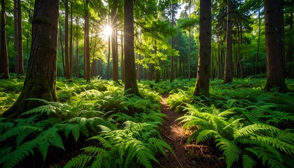 Lush green ferns carpet a sunlit forest path, showcasing towering trees and vibrant natural light.