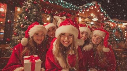 Festive celebration with friends christmas market group photo snowy evening joyful atmosphere