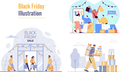 Black Friday Shopping Illustration Featuring Crowds of People Shopping and a Man Carrying Many Boxes