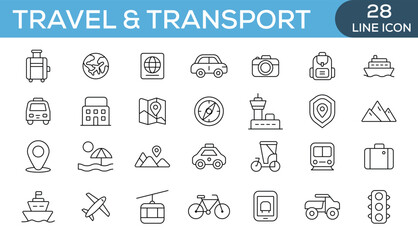 Travel and transport icon set. Travel, types of tourism, tourist transport, navigation, gps, location, route. Linear icon collection. Editable stroke. 