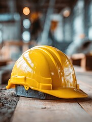 close up construction helmet or hardhat placed on the ground of construction site hard safety wear helmet hat on desks at construction site