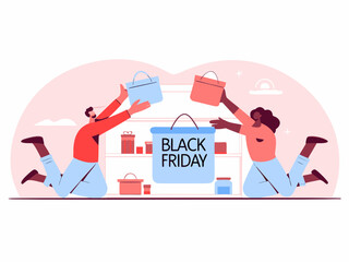 Enthusiastic shoppers celebrating Black Friday with bags and gifts showcasing the excitement of the shopping event