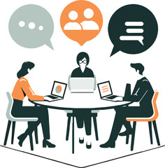 Three Colleagues Collaborate at Round Table Using Laptops and Chat Bubbles