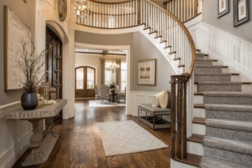 Grand entry hall with curved staircase, neutral color scheme