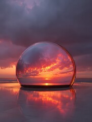 futuristic glass dome reflecting sunsets fiery colors
