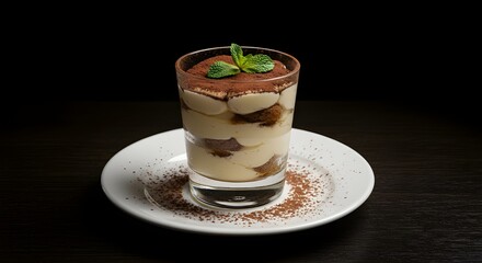 Delicious tiramisu dessert in glass cup with cocoa and mint