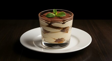 Delicious tiramisu dessert in glass cup with cocoa and mint