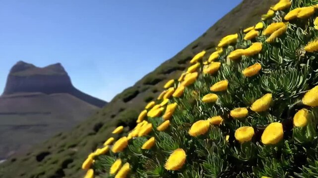 detailed view of vibrant yellow Pincushion Protea flowers observed along hiking trail in national park with famous mountain forming the background