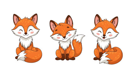 Fototapeta premium Cute Fox Cartoon Set Smiling on Black Backdrop Animal Illustration