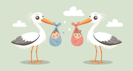 Cute storks with newborn babies in their beaks. Illustration