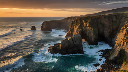 Rugged Coastline Sunset with Waterfall and Jagged Rocks, sunset over the sea, sunset on the beach
