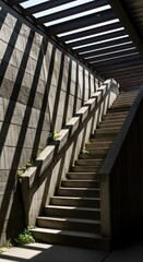 Obraz premium Architectural staircase blending structural retaining wall with sunlight and shadows.