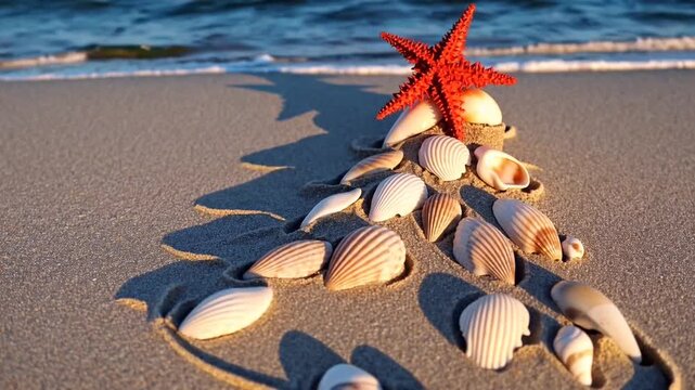 Christmas Celebration on Sandy Shore with Tree Outline Embellished with Seashells and Starfish