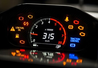 Macro shot of F1 digital dashboard, showing glowing indicators in shallow focus.