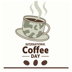 Obraz premium Illustration of a coffee cup with steam, saucer, and coffee beans, celebrating International Coffee Day.