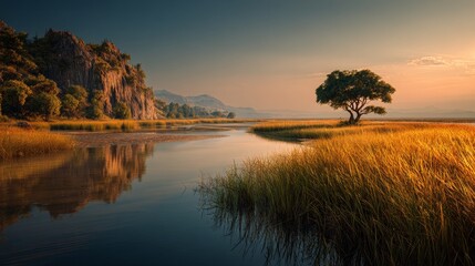 Serene Nature Landscape with Lake Reflection, Autumn Reeds, and Warm Sunset Light