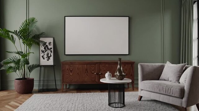 tastefully decorated living room interior showcasing mock-up poster frame, armchair, commode, and plants against sage green wall