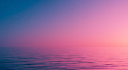 Serene waterscape at dusk featuring a gradient sky with pink and blue hues reflecting on a calm sea surface creating a